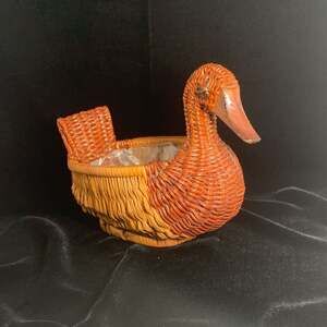 Vintage Wicker Duck Basket Brown Rattan Wooden Beak